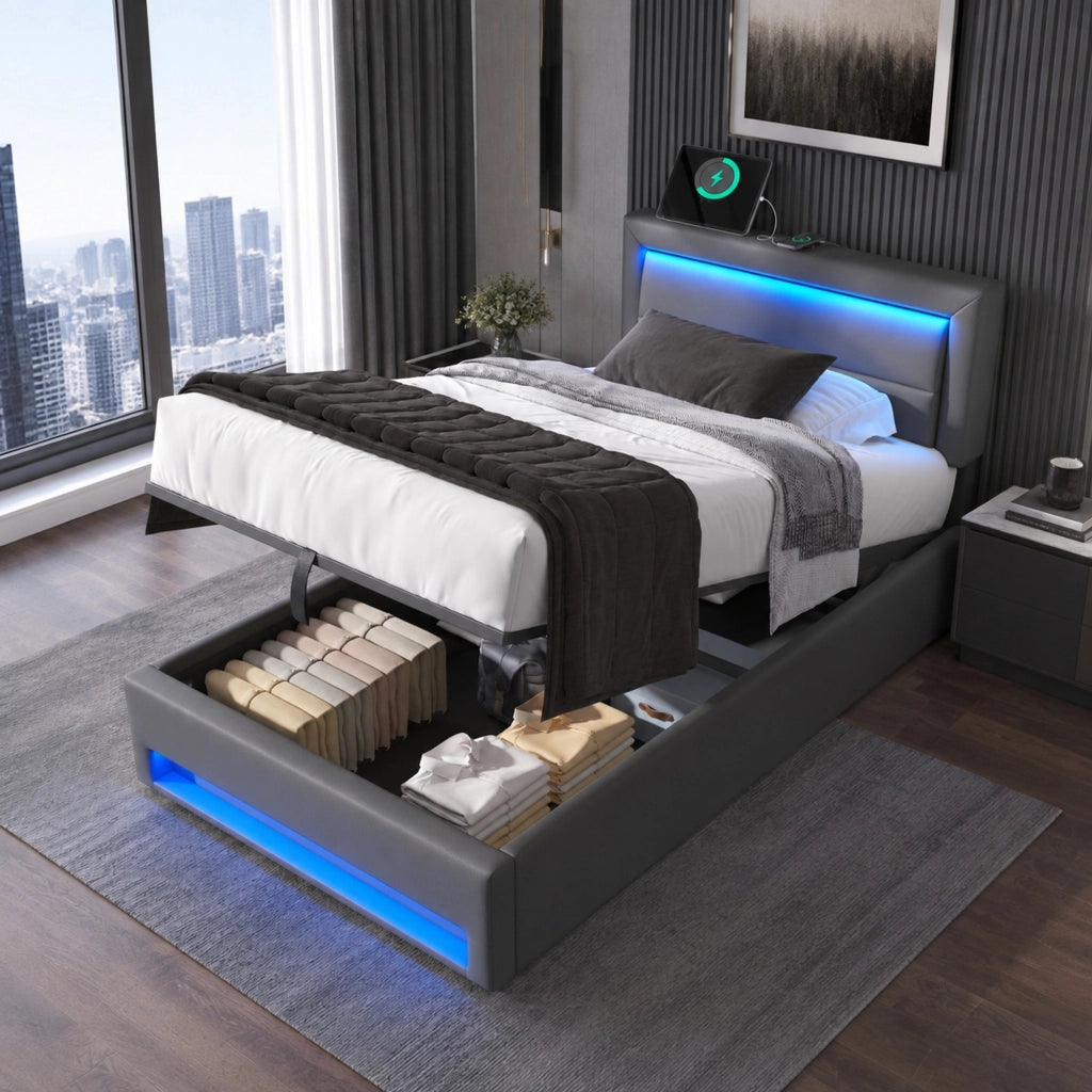 LETTO Imbottito 160x190 cm PU Grigio con USB, LED e contenitore
