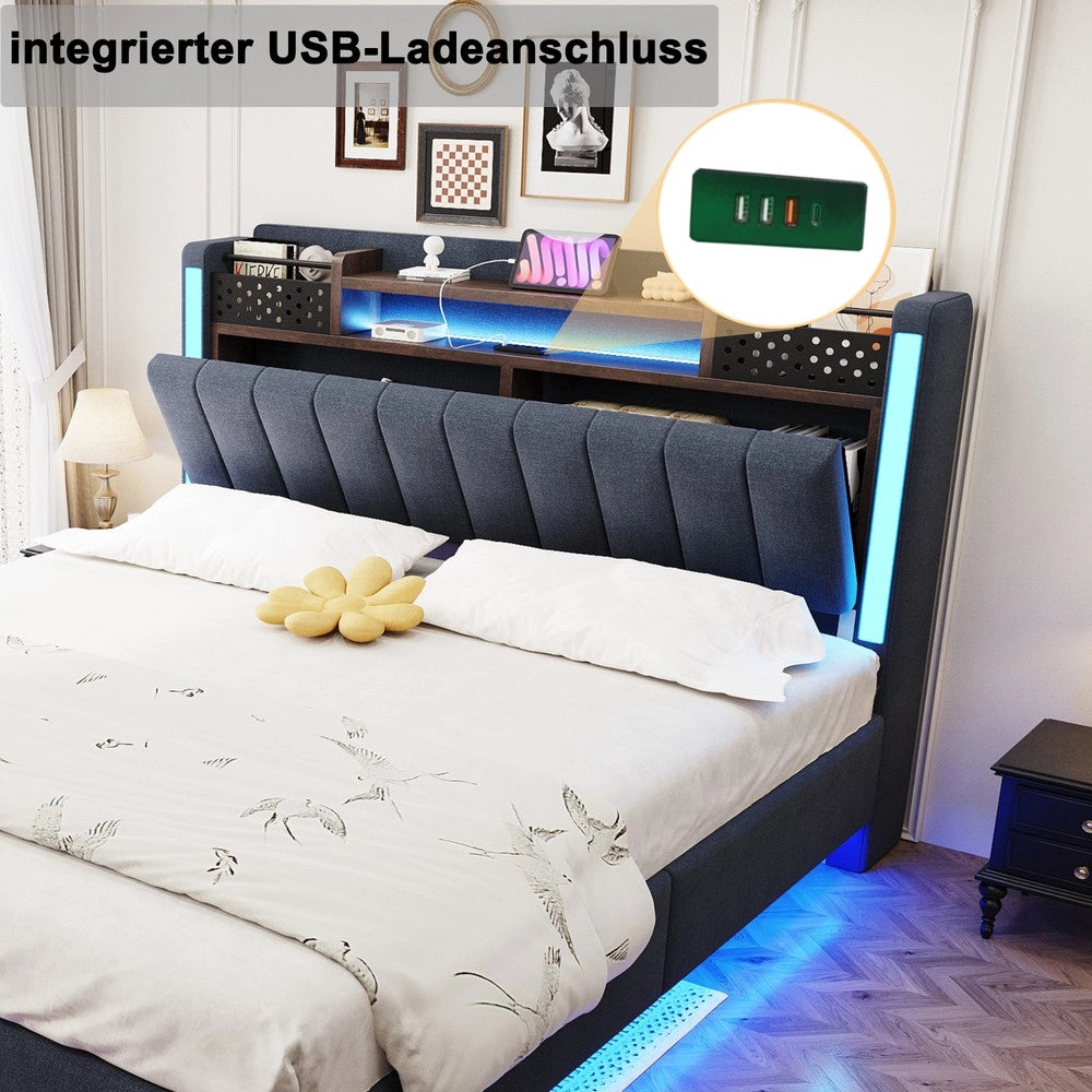 Letto Imbottito con LED e USB ¨C MINIMAL ¨C Tessuto Grigio 140x200 con Contenitore