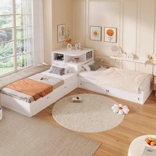 Letto singolo con letto estraibile 90x200 cm LEMONMAX, contenitore con ante scorrevoli e LED, salvaspazio per cameretta, pino e MDF, bianco