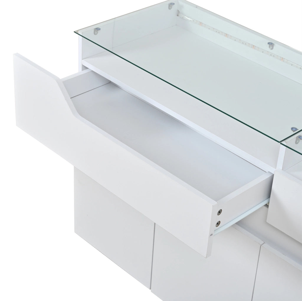 Credenza sideboard 140x40x70 cm in MDF bianco con piano in vetro temperato e LED