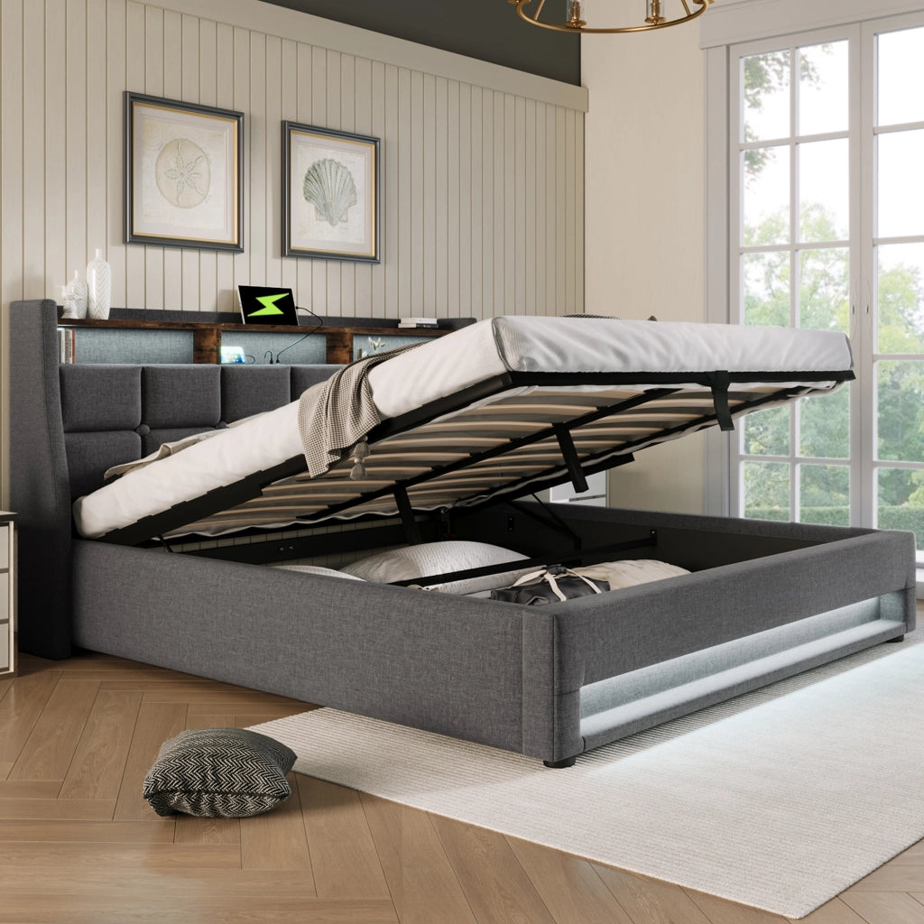 Letto matrimoniale contenitore 140×200 cm con LED; USB; testiera imbottita e materasso incluso; grigio