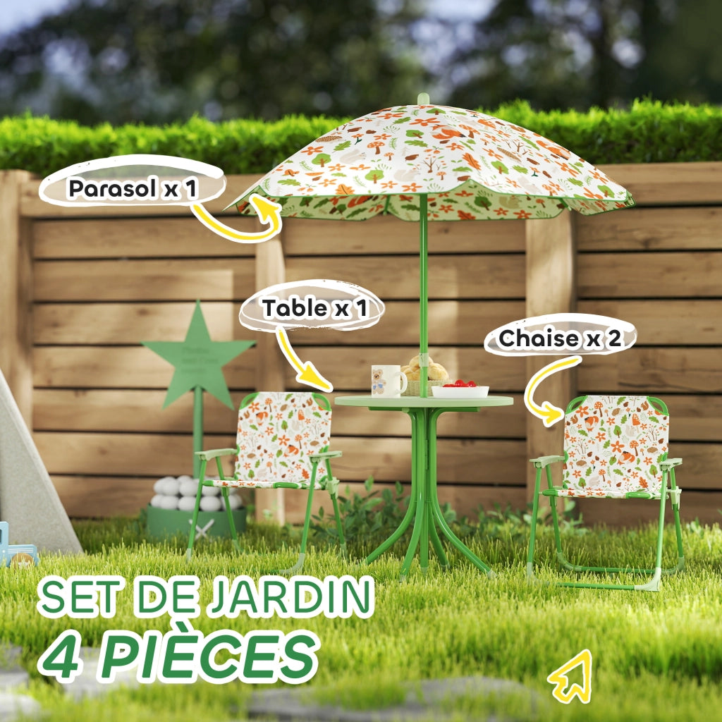 Set giardino bambini 4 pezzi elefante giraffa ¨C Xylo ¨C tavolo sedie pieghevoli parasol ?100cm
