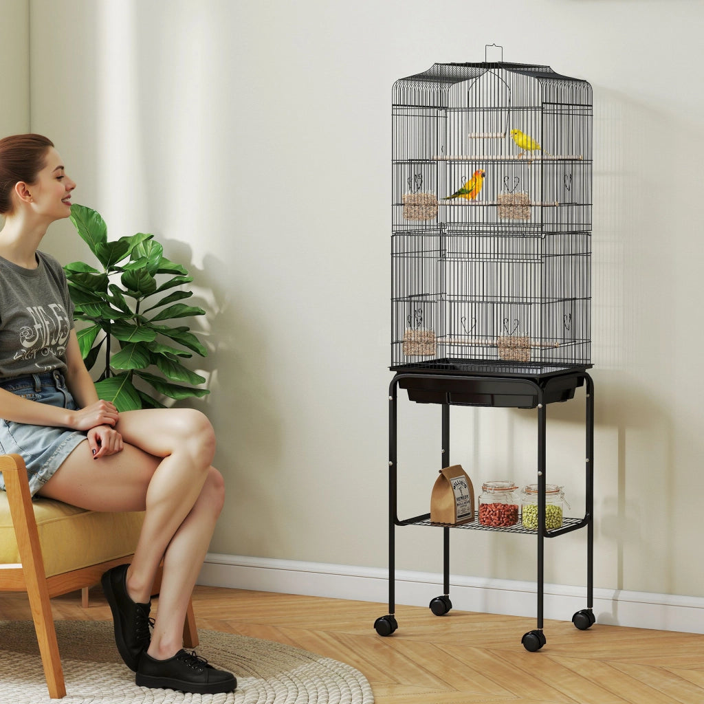Gabbia per uccelli voliera con ruote tetto apribile 3 posatoi ¨C zephmum ¨C nero 46.5x36x157cm
