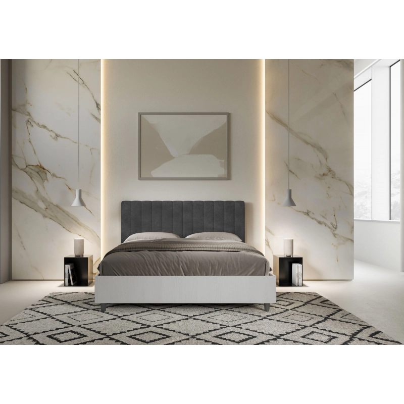 Letto Matrimoniale 160x200 cm struttura bianco frassino testata Kaia - Con rete,Microfibra,Grigio