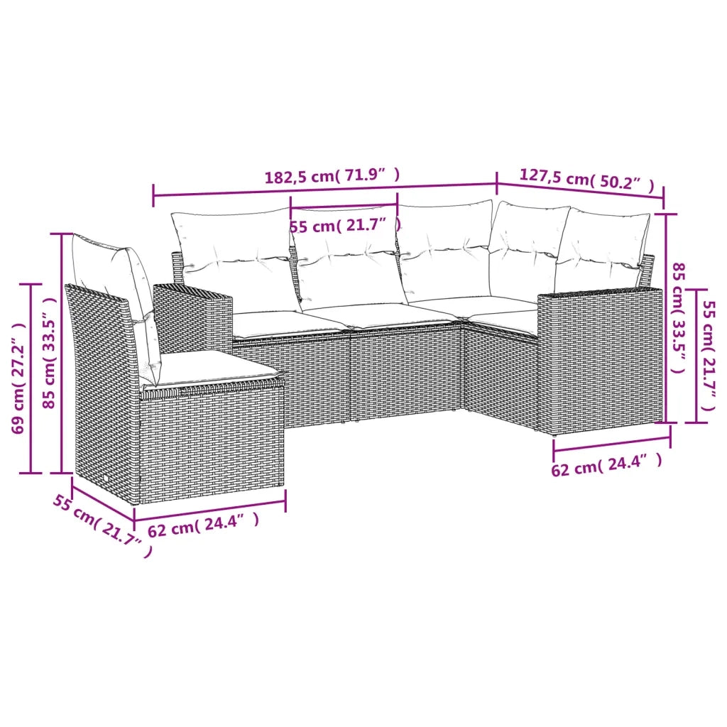 Set Divano da Giardino 5 pz con Cuscini Beige in Polyrattan 3251306