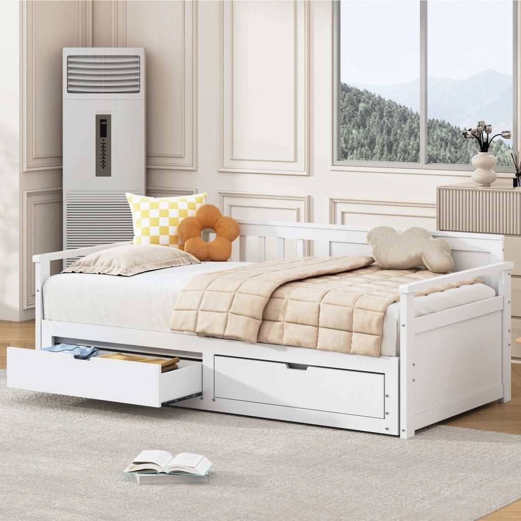 Letto Singolo Estraibile con Cassetti e Rete in Pino ¨C MINIMAL ¨C Bianco 90x190