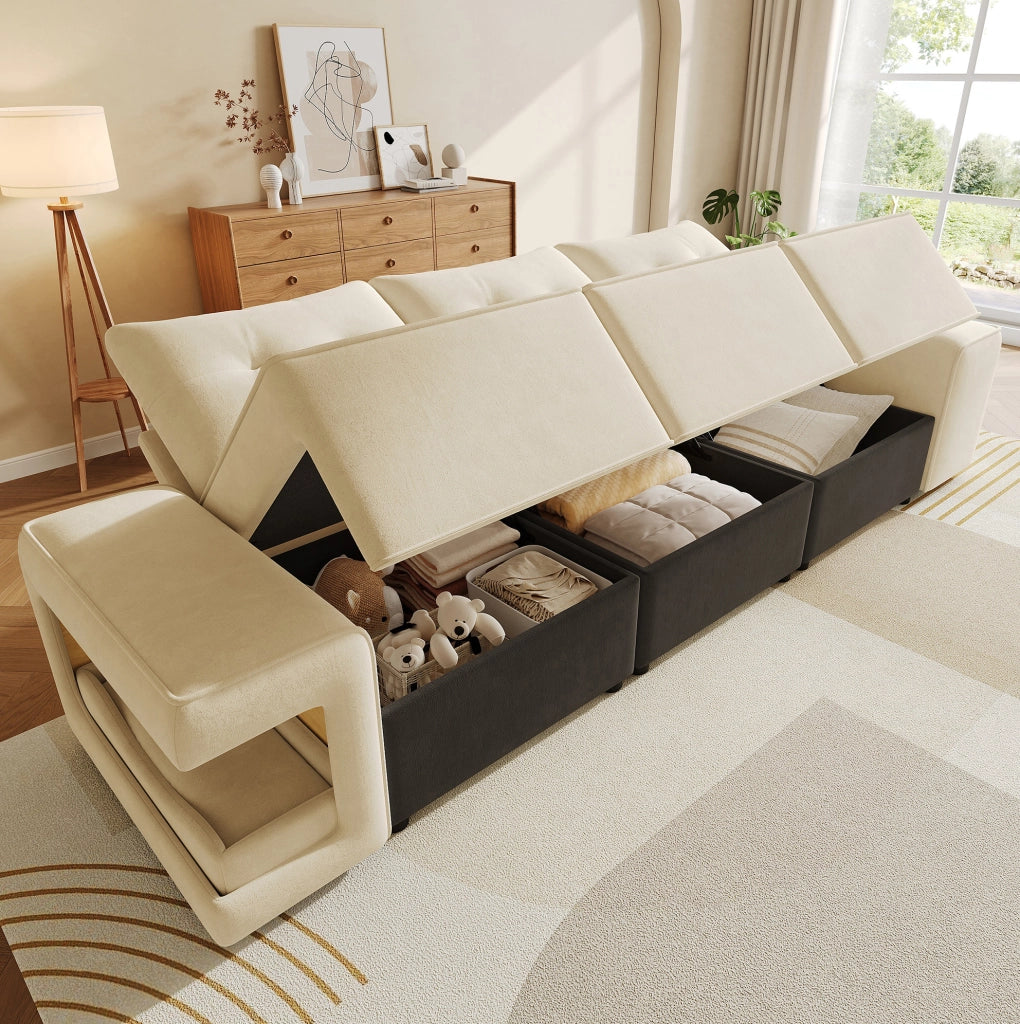 Divano modulare a 3 posti in velluto beige con contenitore; 229;5 cm; con 2 cuscini