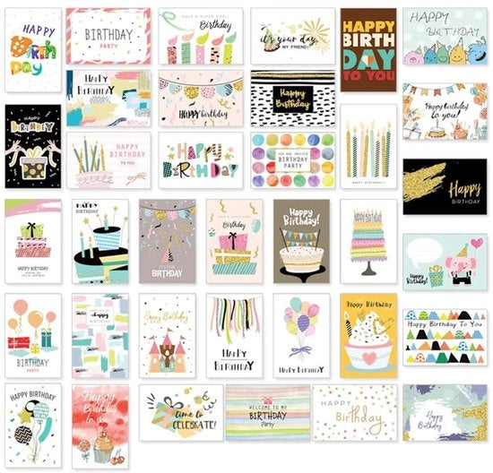 Set di Carte di Auguri per Compleanni da 36 - Carte con Buste - Progetti Stilizzati - Adatto a Tutto il Mondo - Spazio per Messaggi Personalizzati