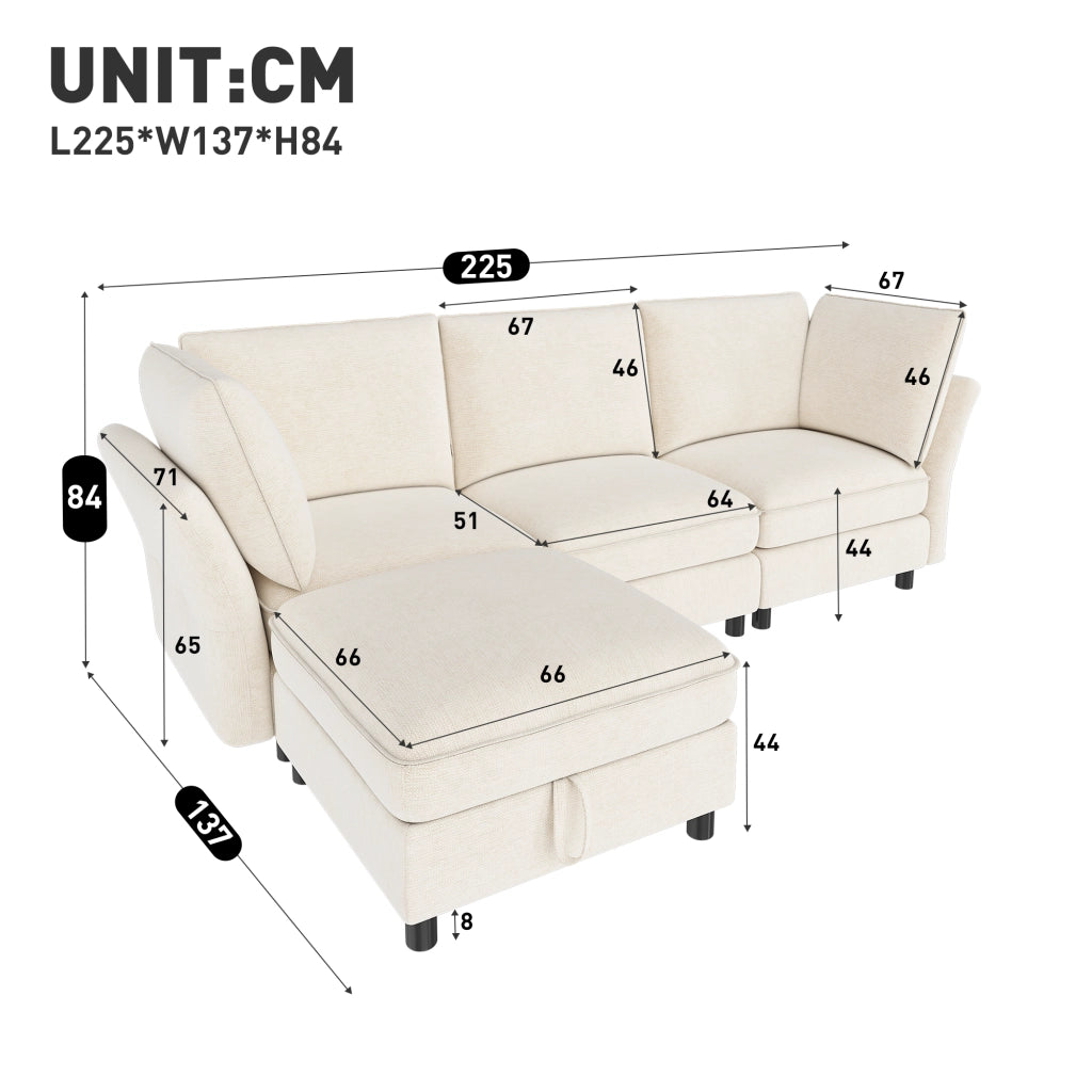 Divano modulare angolare 4 posti - con pouf contenitore e 2 cuscini - in chenille beige