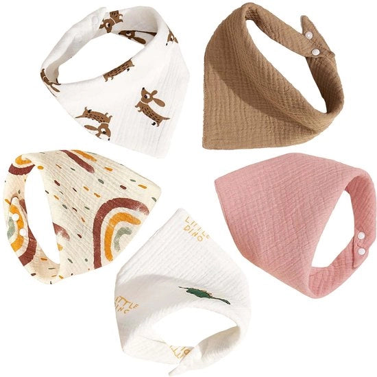 Set di 5 pezzi di salviettine per bambini, sciarpa di mussola a tre angoli, bandana per bambini ragazzi e ragazze, bandane di cotone, regolabili, super soffici e assorbenti (mix di colori)