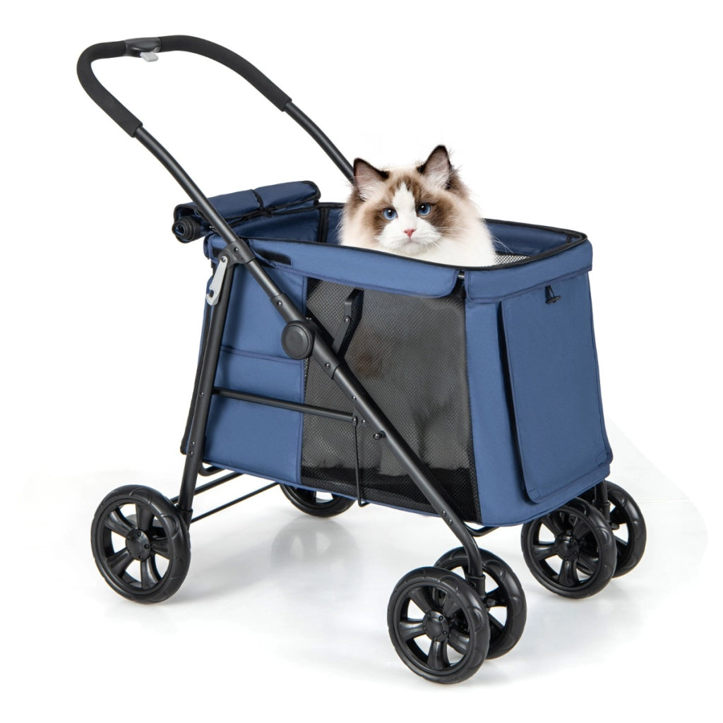 Carrello pieghevole per animali domestici, Passeggino per cani e gatti a 4 ruote con lucernario tasche Blu scuro-Giochi e accessori per cani