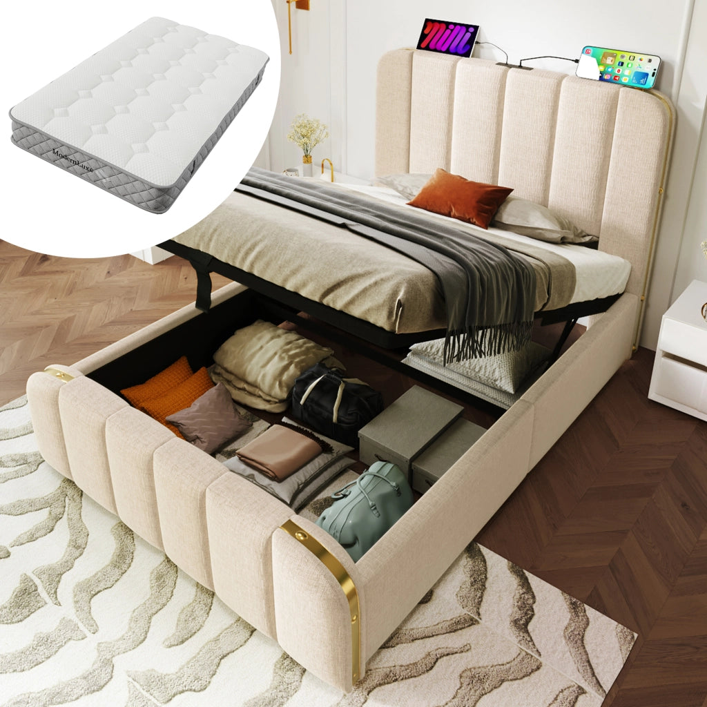 letto imbottito lino beige 90 x 200 cm