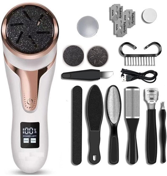 Elettro Raschiatore con Sistema di Aspirazione - Senza Fili - Raschiatore Elettrico per Piedi - Raschiatore per Piedi - Motore Più Potente - Ricaricabile via USB - Impermeabile all'Acqua - Bianco / Rosé Oro - 10 Accessori