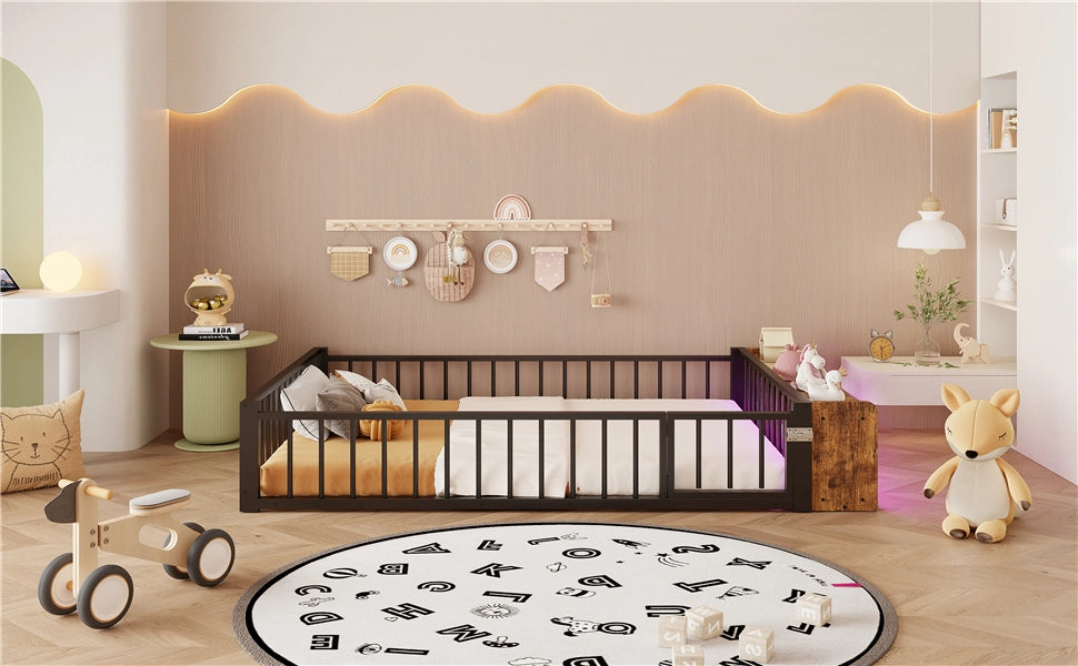 DESMIU Letto con barriera 2 posti, vano a giorno e LED, 140 × 200 cm, senza materasso, metallo e MDF nero