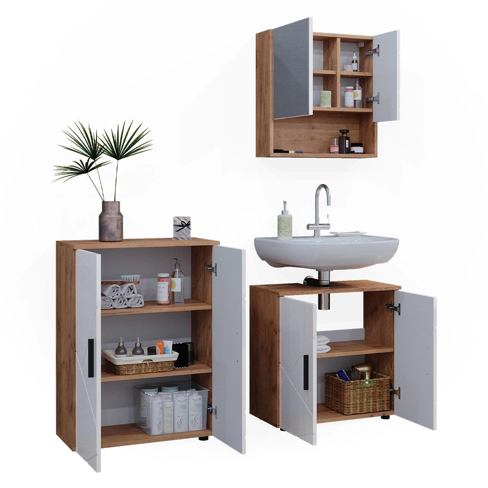 Vicco Set di mobili da bagno Bianco lucido/oro power oak 3 pezzi, con base 60 cm