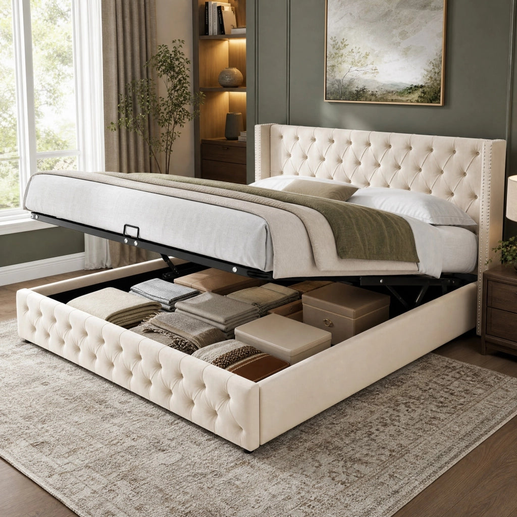 LETTO Imbottito Contenitore 160x200 cm Velluto Beige