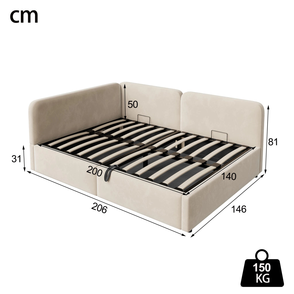 Letto divano contenitore 140 × 200 cm con vano idraulico, testiera reversibile, senza materasso, beige