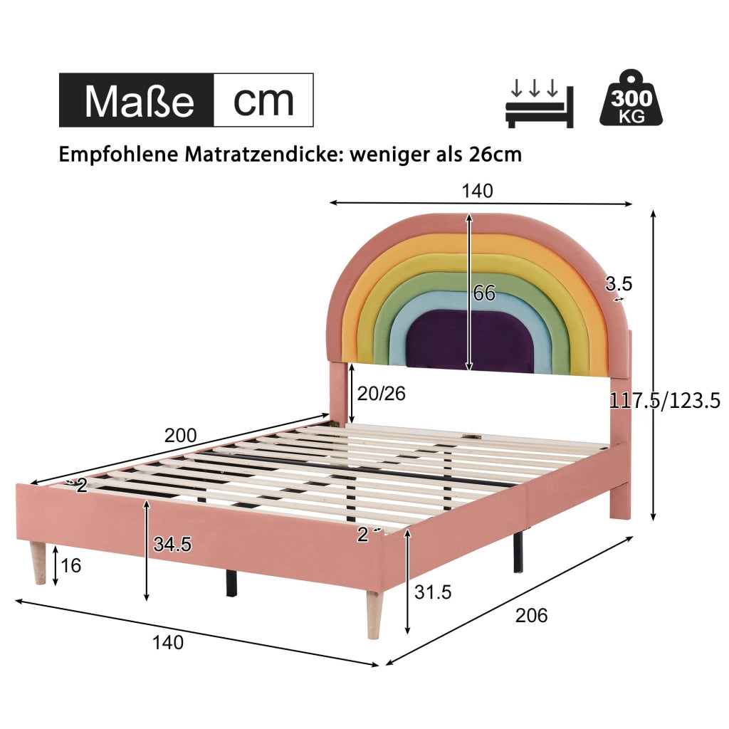 DESMIU Letto matrimoniale 140 × 200 cm 2 posti con testiera regolabile, senza materasso, in velluto, rosa