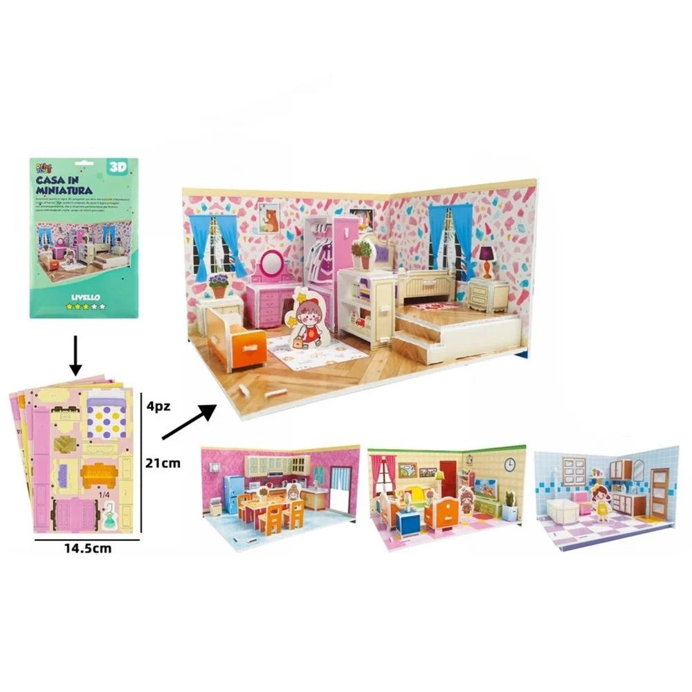Trade Shop - Kit 12pz Puzzle 3d Forma Stanze Casa In Miniatura Per Bambini Costruzione Fai Da Te 32397 -