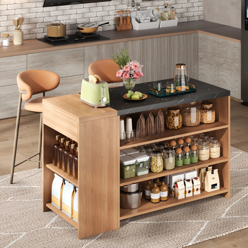 Tavolo da pranzo con ripiani e cassetto nascosto in MDF effetto marmo nero e rovere 140 × 60 × 90 cm