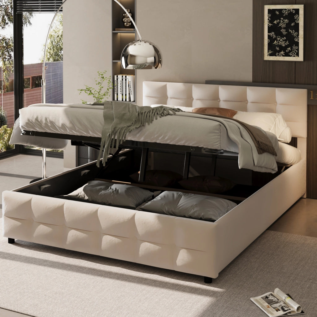 Letto contenitore matrimoniale 180×200 cm con rete sollevabile idraulica; senza materasso; velluto olandese; beige