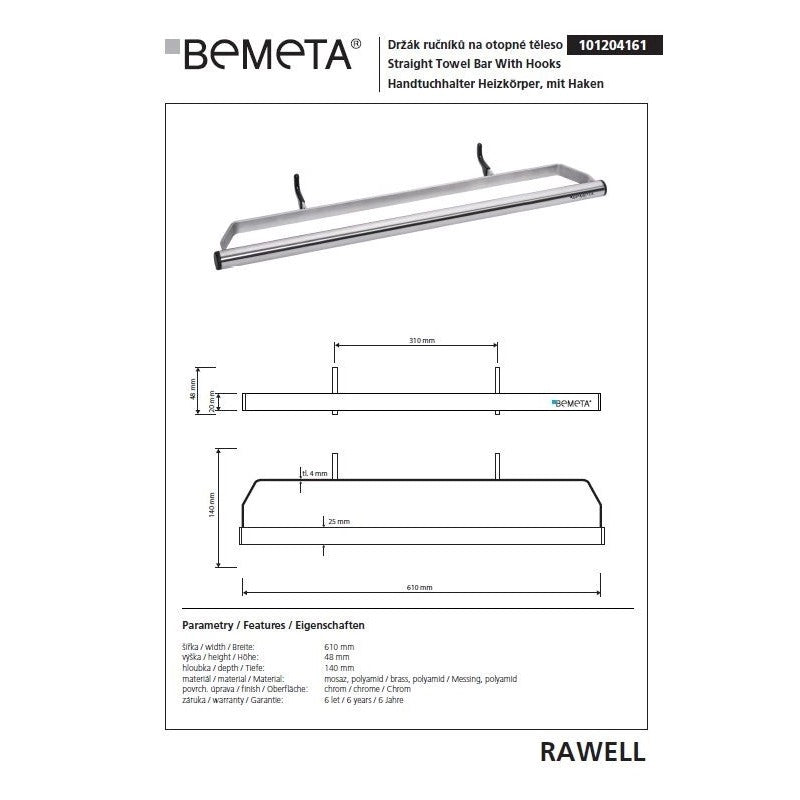 Portasciugamani RAWELL per radiatore in acciaio inox 61x4,8x14cm