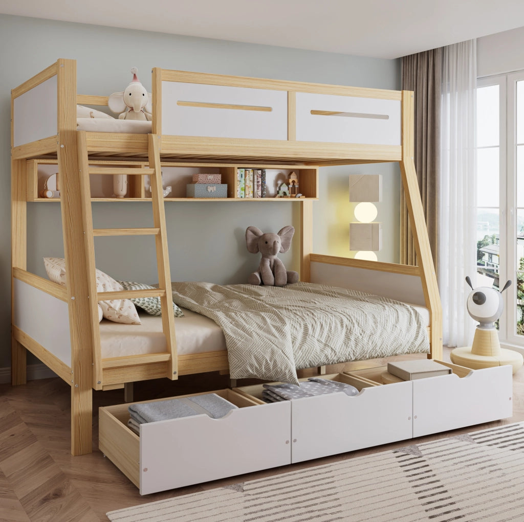 Letto a castello bambini 90x200 cm e 120x200 cm con cassetti e libreria in legno; MDF e compensato bianco e naturale