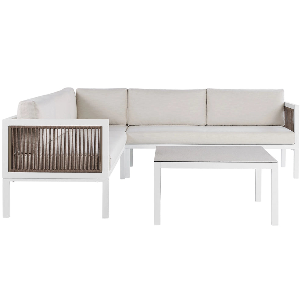 Set Salotto 4 Posti con Tavolino bianco e Marrone Alluminio 4 Posti con Cuscini moderni