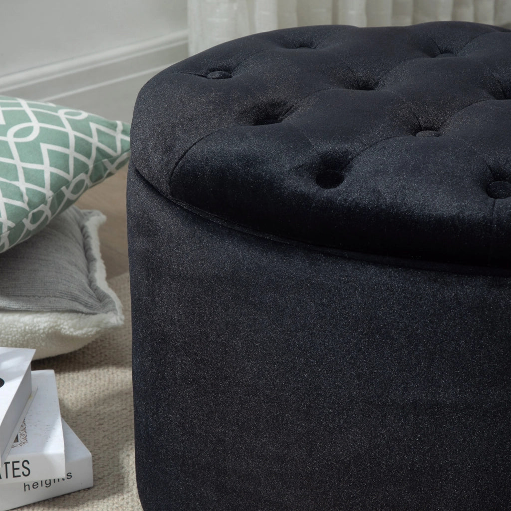 Panca imbottita nera con vano contenitore, in poliestere vellutato e legno di caucci¨´, forma ovale, 71x52x42 cm