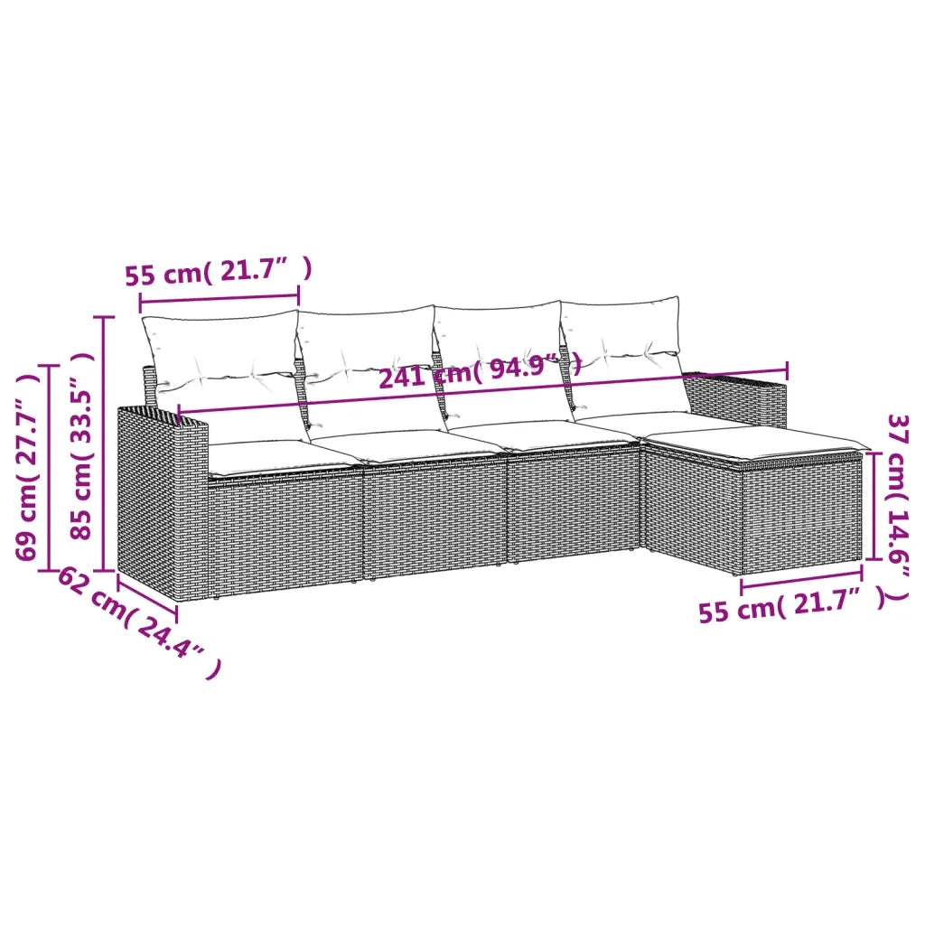 Set Divano da Giardino 5pz con Cuscini Grigio Chiaro Polyrattan