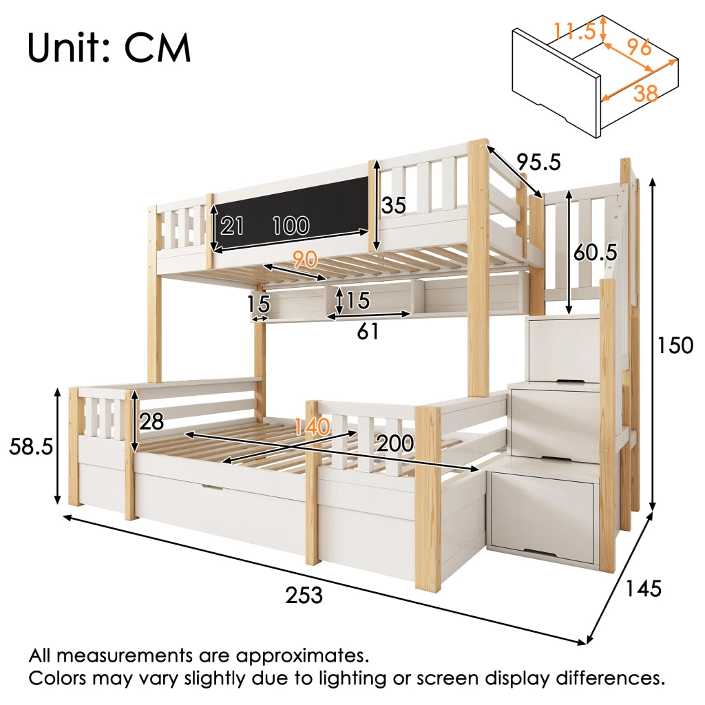 DESMIU Letto a castello per bambini 90 × 200 e 140 × 200 cm con lavagna, vano contenitore, senza materasso, in legno, bianco