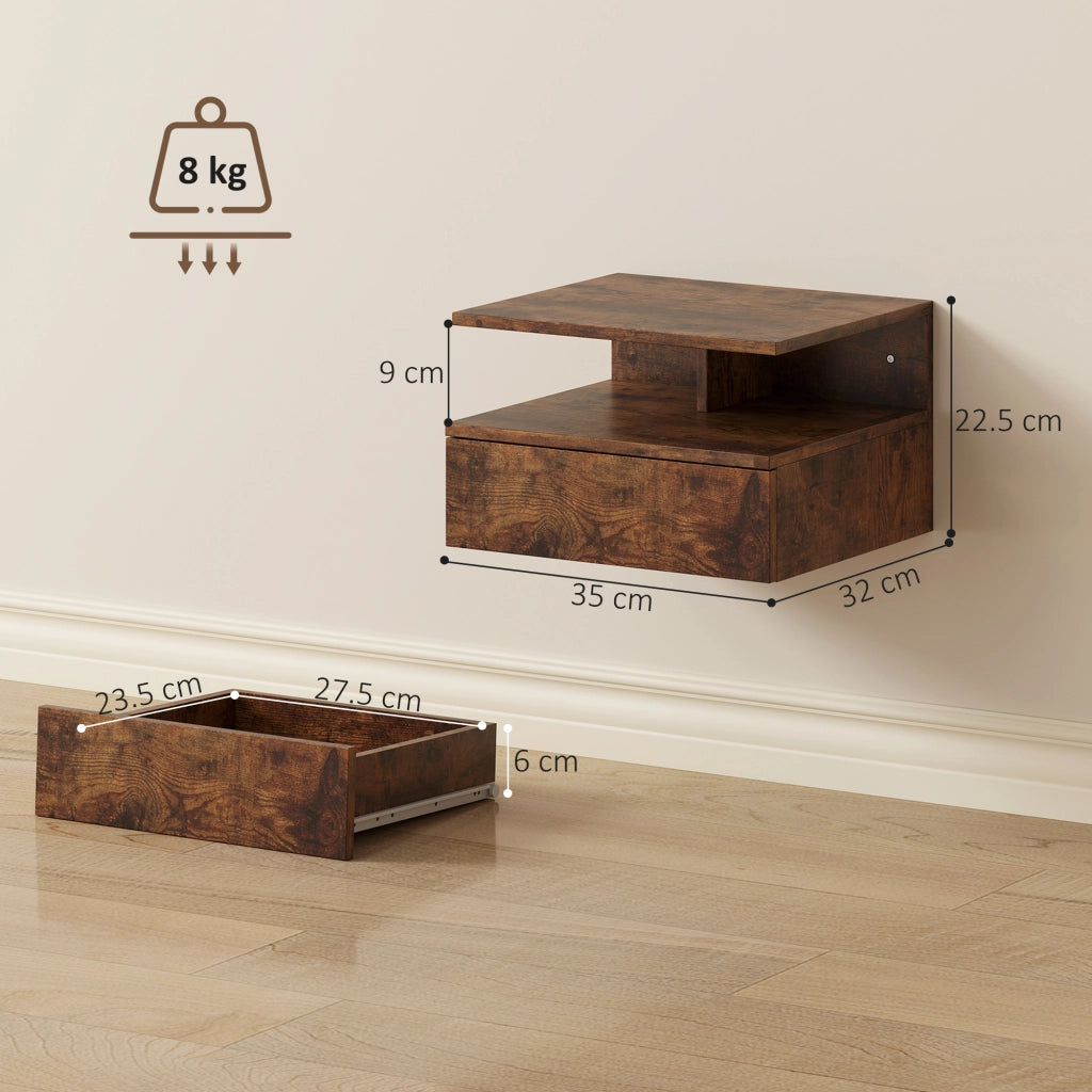 Comodini Sospesi con Cassetto e Mensola ¨C zephmum ¨C Marrone Rustico 35x32x22.5 cm