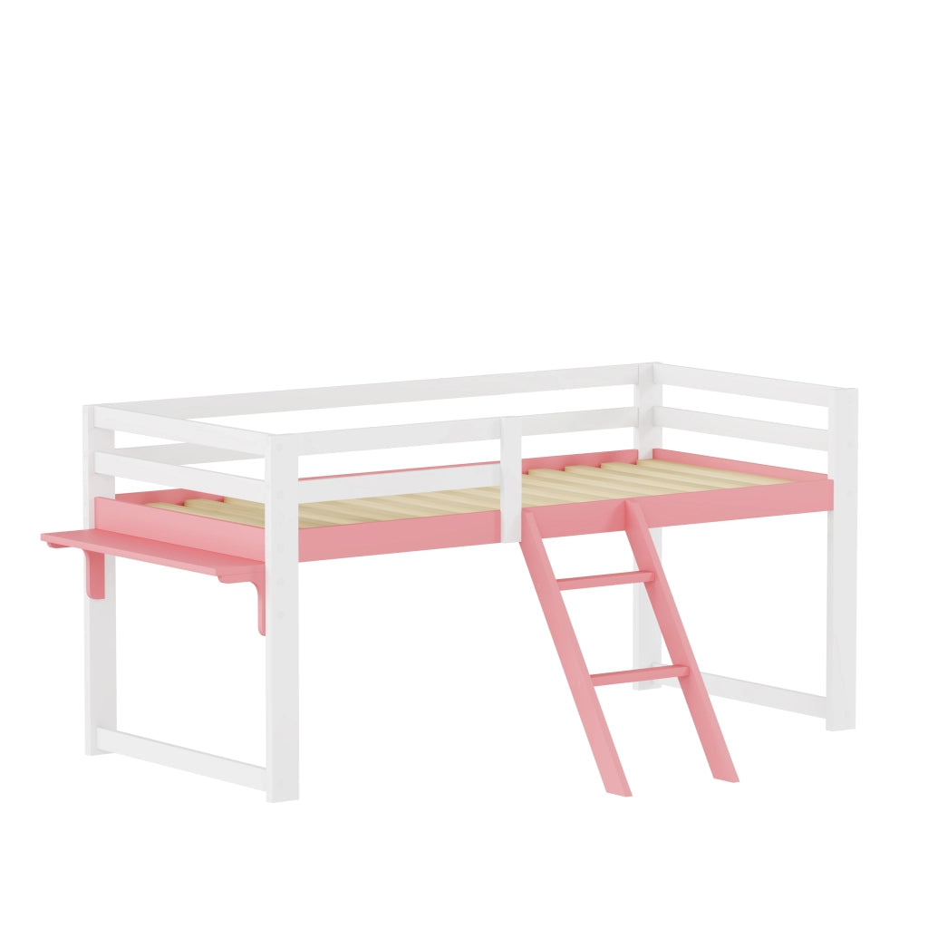 Letto a soppalco per bambini 90x200 cm in legno massello di pino, letto per bambini con sistema anticaduta, scaletta fissa e tavolino contenitore, ret