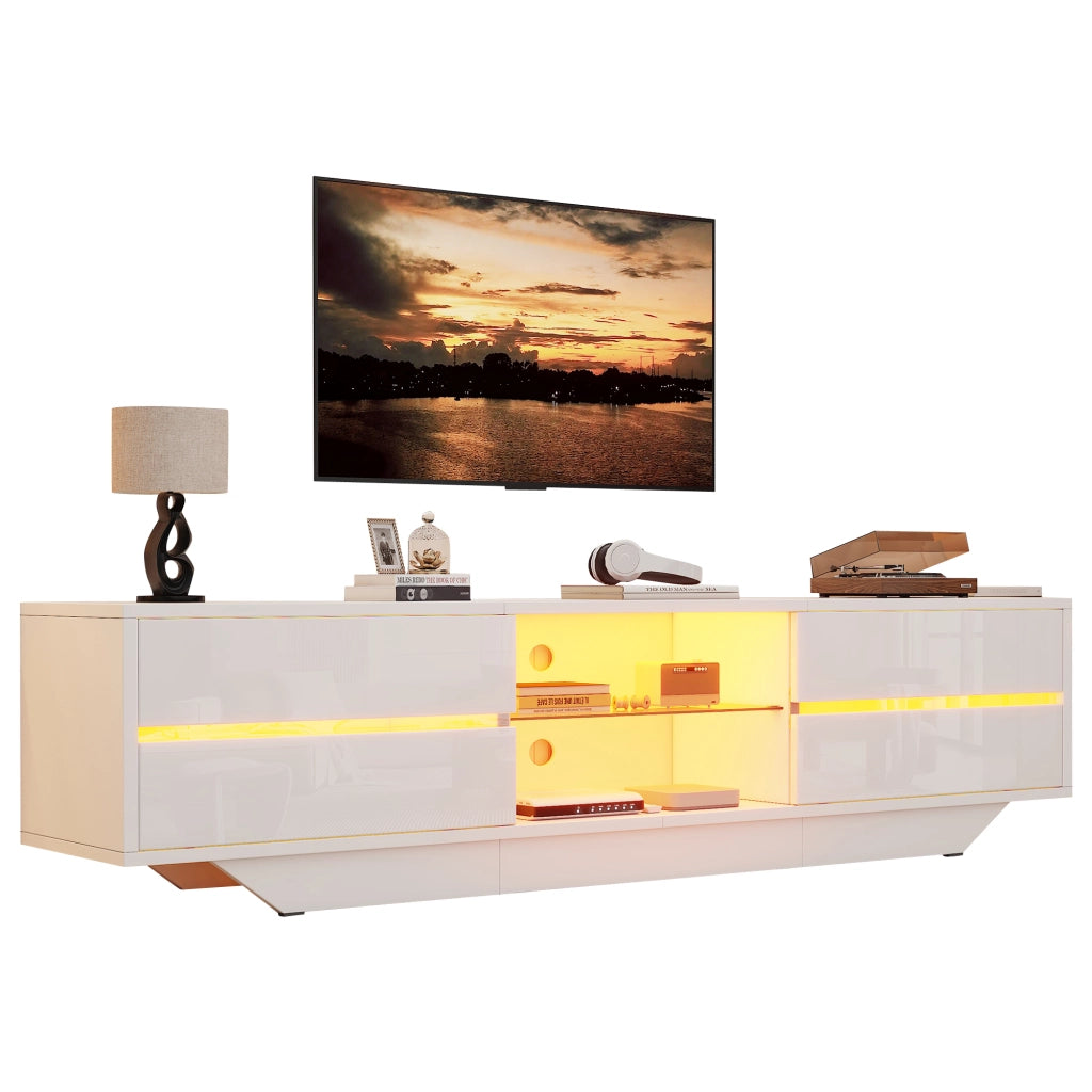 Mobile TV sospeso 160 cm in finitura lucida bianca con LED RGB e ampio spazio contenitivo