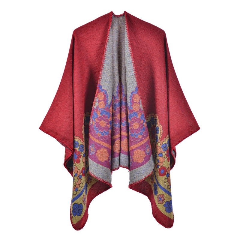 Sciarpa calda da donna, stile pastorale, mantella da viaggio fresca ed elegante, mantella in maglia jacquard di cashmere con spacchi