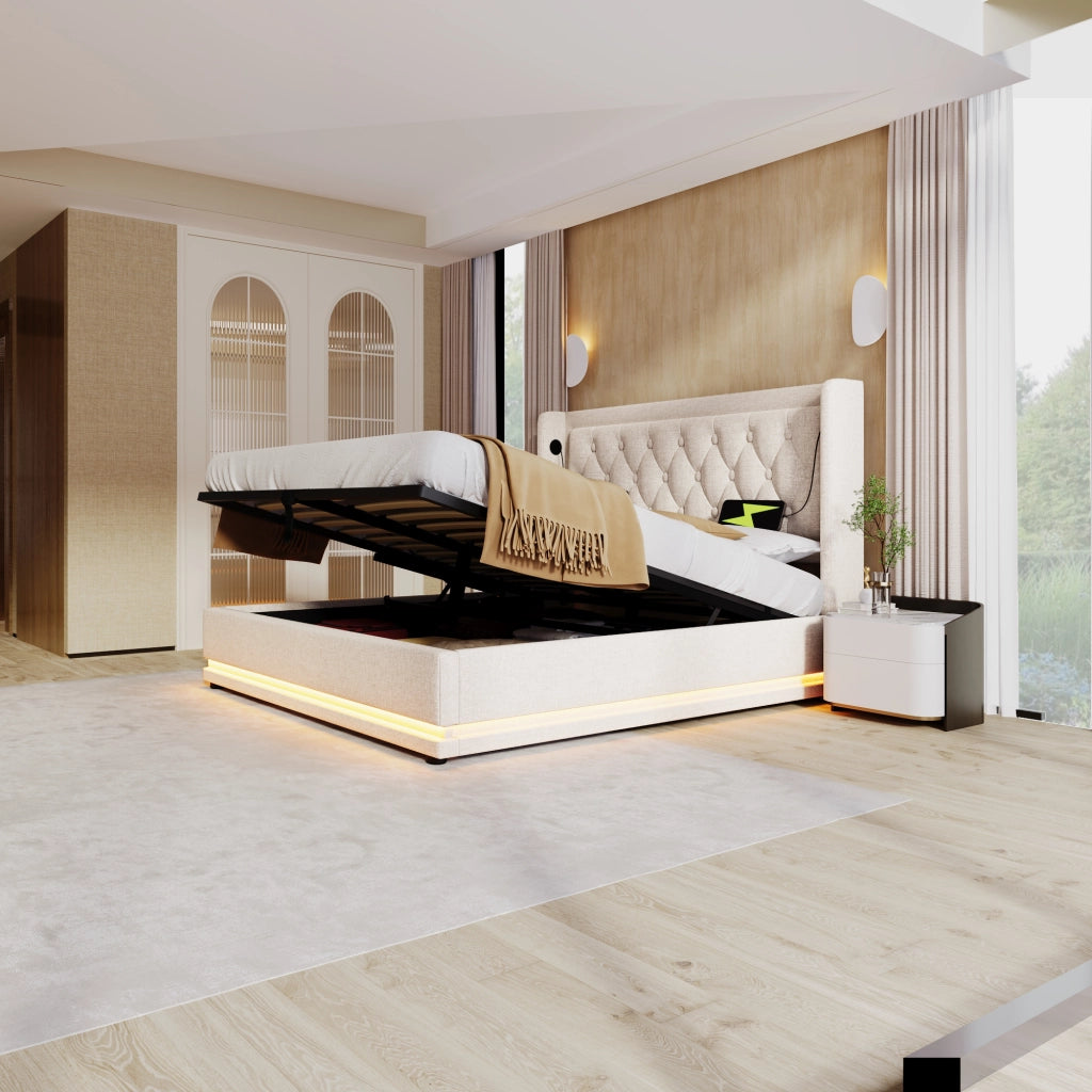 LETTO Contenitore 180x200 cm Cotone Beige con USB e LED