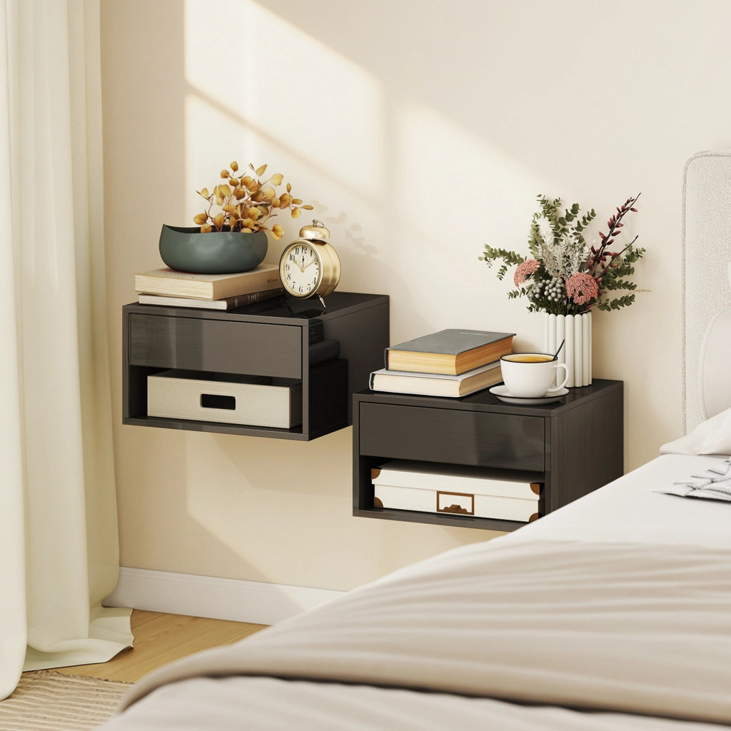 Comodino Flottante con Cassetto ¨C Minimal ¨C Nero Lucido 37x32x21 cm