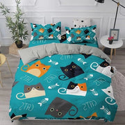 Set di coperte da letto 3 pezzi 3D gatto - Azzurro turquesa - Microfibra morbida - Cuscini di copertura - Dimensioni letto singolo/doppia/king/super king - Set di coperte da letto.