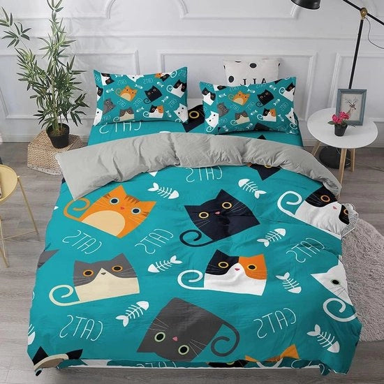 Set di coperte da letto 3 pezzi 3D gatto - Azzurro turquesa - Microfibra morbida - Cuscini di copertura - Dimensioni letto singolo/doppia/king/super king - Set di coperte da letto.