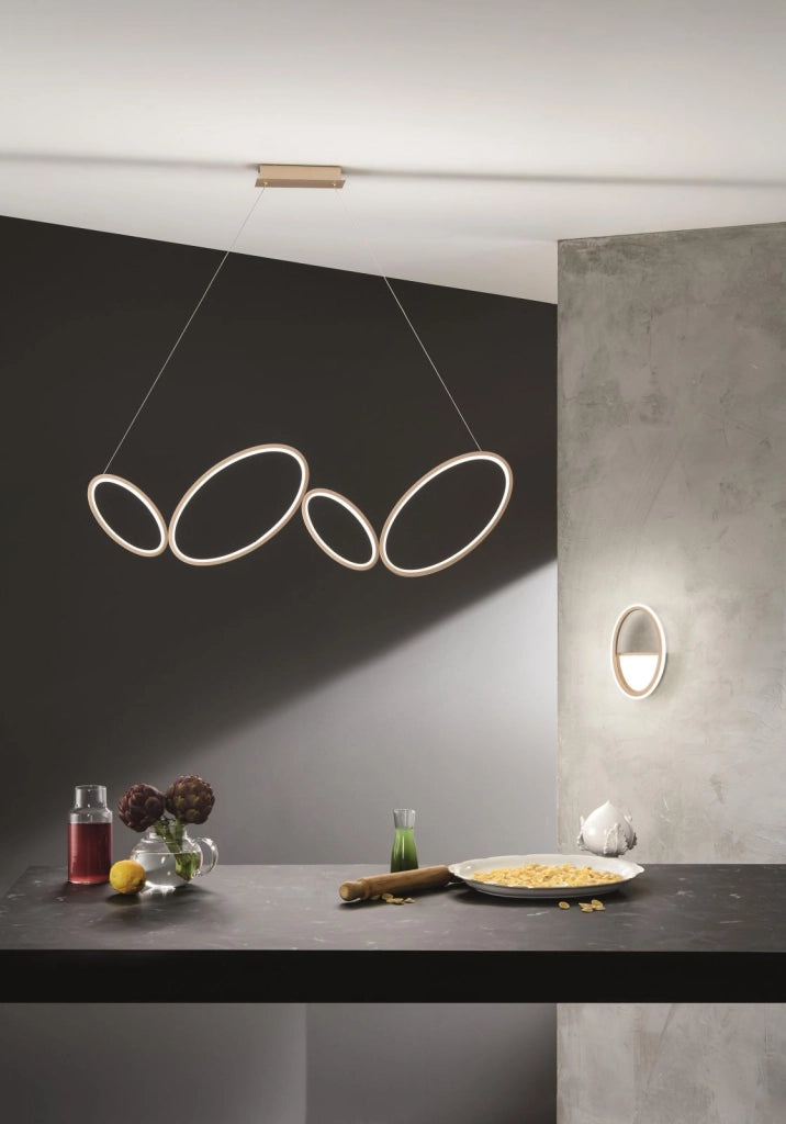 SOSPENSIONE A LED 3000k 1700lm 34w RICE ORO 4 CERCHI L.107CM DIMMERABILE