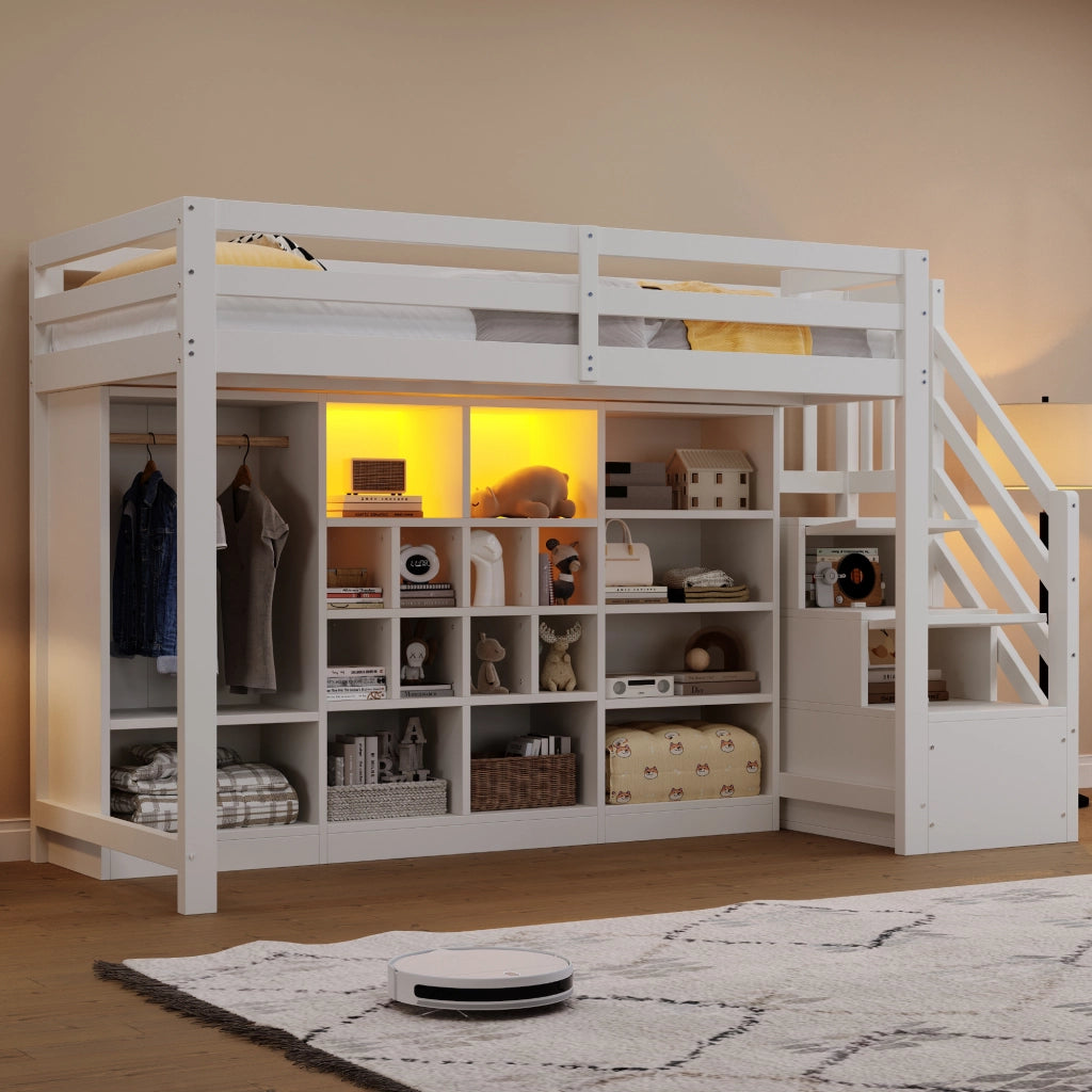 Letto a Soppalco con Contenitore e LED ¨C MINIMAL ¨C Bianco 90x200