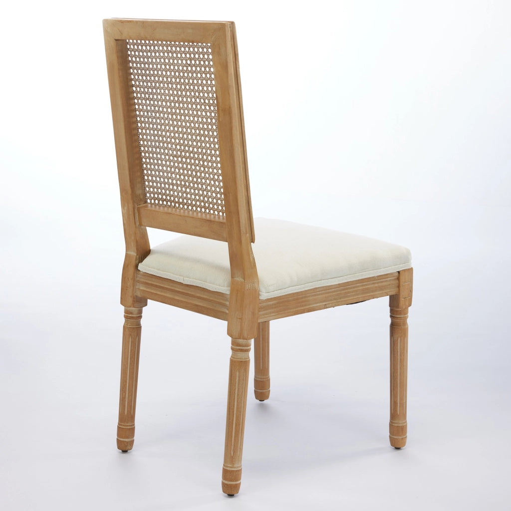 Set di 2 sedie da pranzo in stile rustico francese, struttura in legno massello anticato, schienale quadrato in rattan intrecciato, seduta rivestita i