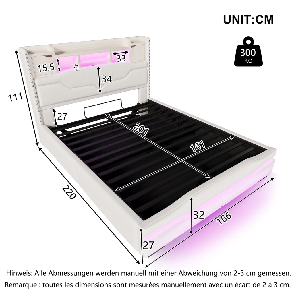 DESMIU Letto matrimoniale 160 × 200 cm con contenitore idraulico, LED, USB e Type-C, senza materasso, beige