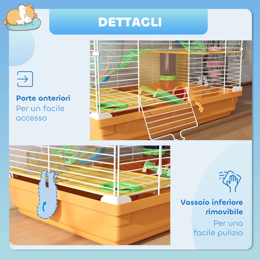 Gabbia per Criceti a 5 Livelli con Tubi, Ruota, Scale, Casetta e Bottiglia ¨C Minimal ¨C 46x30x58 cm, Arancione