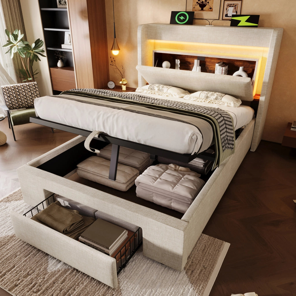 letto imbottito lino beige 90 x 200 cm
