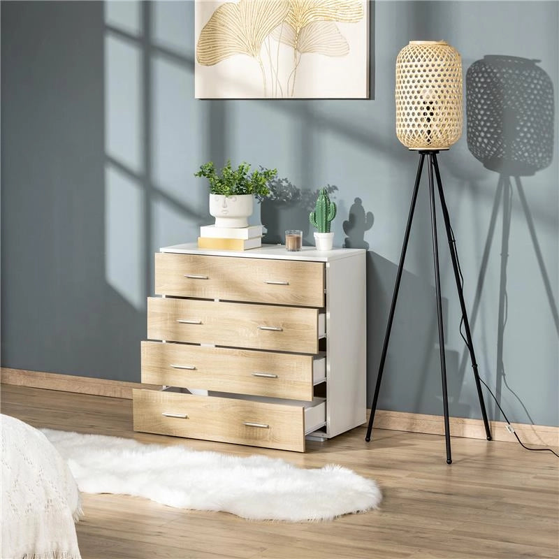 CASSETTIERA 4 CASSETTI IN LEGNO E MANIGLIE IN ALLUMINIO 76X35X72CM BIANCO E ROVERE