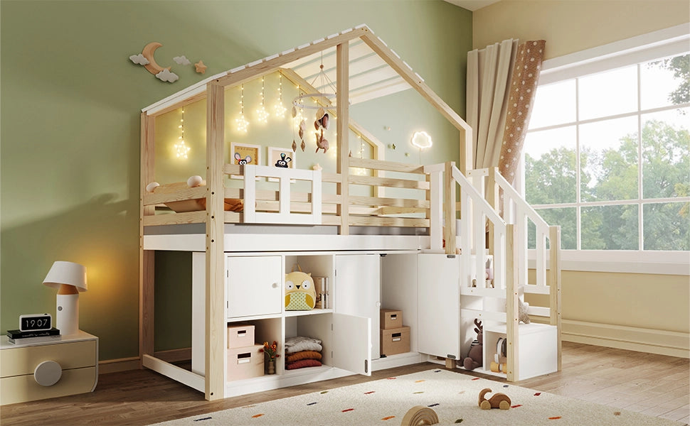 DESMIU Letto a soppalco Letto singolo 1 posto con barriera, contenitori, scala contenitore e finestra 90 × 200 cm, senza materasso