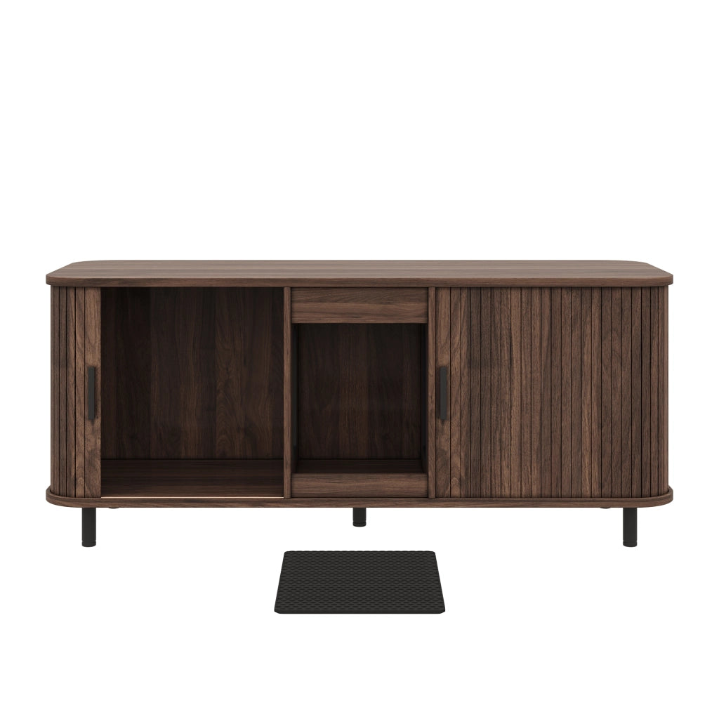 Mobile Lettiera per 2 Gatti 140×50×60 cm con 2 Porte Scorrevoli; Tappetino Raccogli Sabbia e Piedini in Metallo