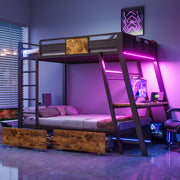 Letto a castello in metallo 90x200 cm con scrivania integrata e LED