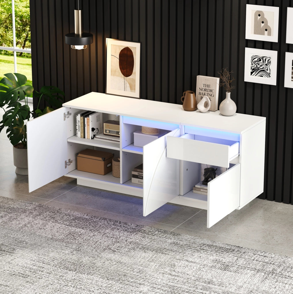 Sideboard bianco 140x40x60 cm con 3 ante; 1 cassetto; LED e ripiani regolabili in MDF